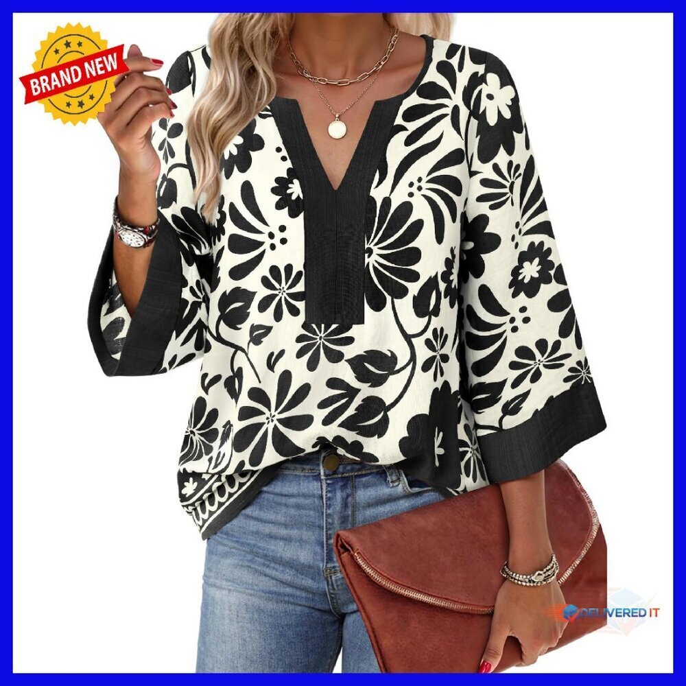 Women's 3/4 Sleeve V-Neck Floral Tunic Top Loose Fit Chiffon Blouse